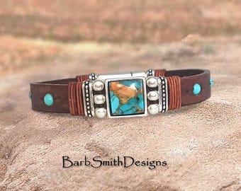 Spiny Oyster Turquoise Bracelet-Distressed Brown Leather Band-Genuine Turquoise  Embedded Beads-Silver Accents-Strong Magnetic Clasp