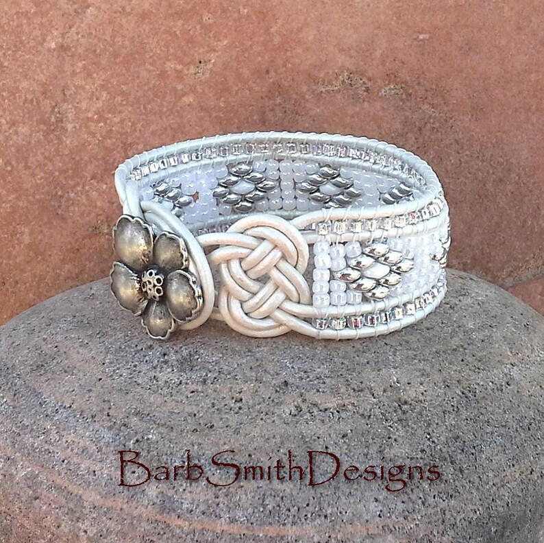 White Leather Cuff Bracelet Josephine Celtic Knots Superduo Etsy