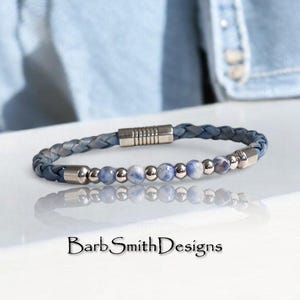 Denim Blue &quot;Inner Strength&quot; Gemstone Bracelet-Genuine Sodalite-Stainless Accents-Wash Denim Bolo Leather-Magnetic Cylinder Clasp-Great Gift
