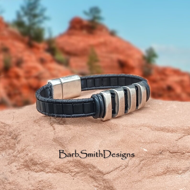 Size 6 1/2 Men's Black Beaded Leather Bracelet-Magnetic Clasp-Black Leather-Men's Sedona Bracelet in Black MBK image 4