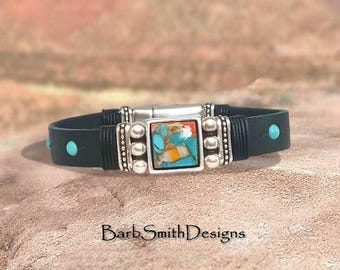 Spiny Oyster Turquoise Bracelet-Natural Black Leather Band-Genuine Turquoise  Embedded Beads-Silver Accents-Strong Magnetic Clasp