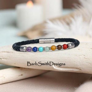 Chakra &quot;Inner Strength&quot; Gemstone Bracelet-Genuine Chakra Beads-Stainless Accents-Slim Black Bolo Leather-Magnetic Cylinder Clasp-Great Gift