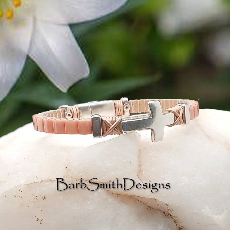 Size 6 1/2 Peach Silver Cross Bracelet-Metallic Champagne Leather-Magnetic ClaspSimply Heavenly in Peach PCH image 4
