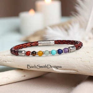 Chakra &quot;Inner Strength&quot; Gemstone Bracelet-Genuine Chakra Beads-Stainless Accents-Slim Brown Bolo Leather-Magnetic Cylinder Clasp-Great Gift