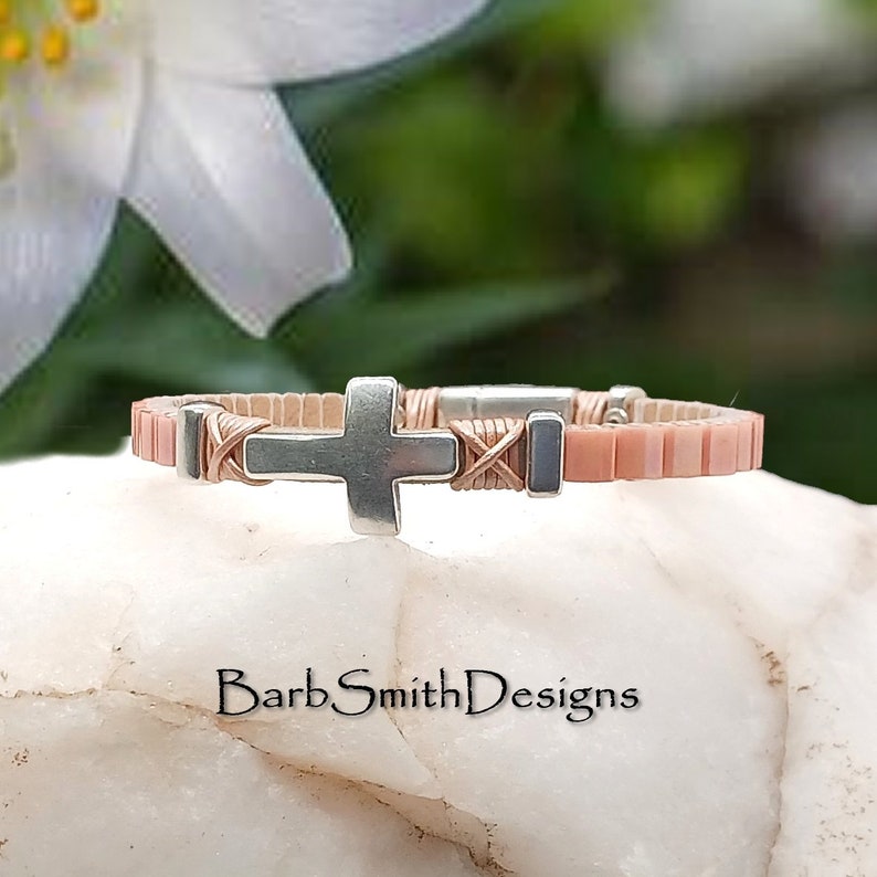 Size 6 1/2 Peach Silver Cross Bracelet-Metallic Champagne Leather-Magnetic ClaspSimply Heavenly in Peach PCH image 2