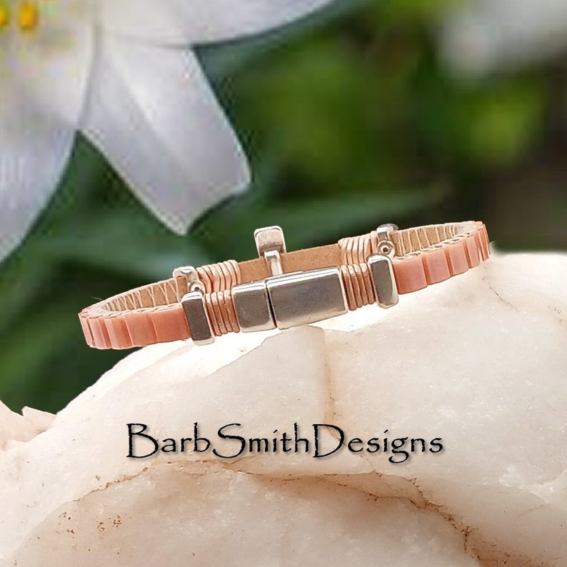 Size 6 1/2 Peach Silver Cross Bracelet-Metallic Champagne Leather-Magnetic ClaspSimply Heavenly in Peach PCH image 3