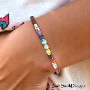Chakra "Inner Strength" Bracelet-Genuine Chakra Beads-Stainless Accents-Slim Brown or Black Braided Bolo Leather-Strong Magnetic Clasp
