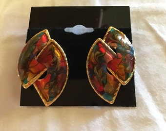 Red geometric earrings for women, red blue gold swirl earrings, art nouveau earrings