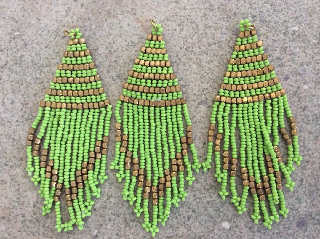 1 Pc Seed Bead Flat Tassel Boho Fringe Lime Green Gold Etsy
