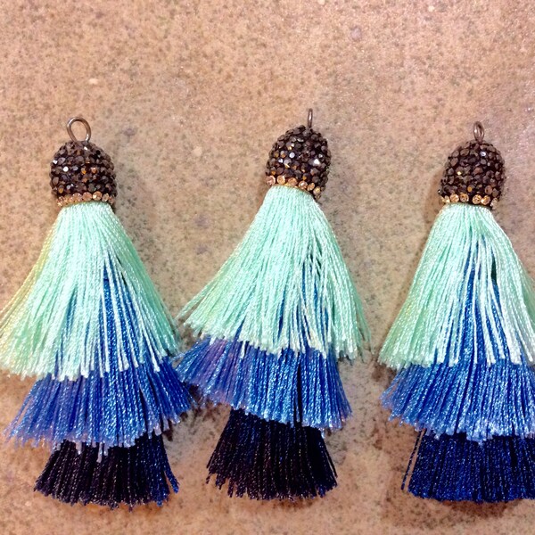 3 tiered navy, blue, seafoam silky pave gunmetal cap crystal tassel jewelry making wholesale bohemian supplies wholesale