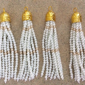 Striped white/gold hammered cap glass pearl 3" tassel jewelry making wholesale bohemians supplies