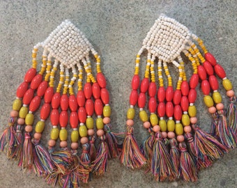 1 pair seed bead and tassel earrings, Bohemian earrings, orange yellow funky tassel earrings, statement earrings, boho jewelry, large