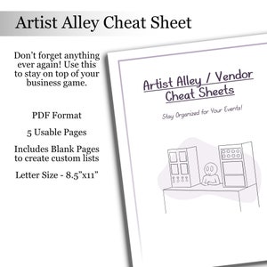 Könnte beinhalten: Eine Schwarzweißillustration eines Verkaufsstandes mit einem Tisch und Regalen. Der Text "Artist Alley / Vendor Cheat Sheets" befindet sich über der Illustration. Der Text "Stay Organized for Your Events!" befindet sich unter der Illustration. Der Text "PDF Format", "5 Usable Pages", "Includes Blank Pages to create custom lists", und "Letter Size - 8.5"x11"" befindet sich auf der linken Seite des Bildes.