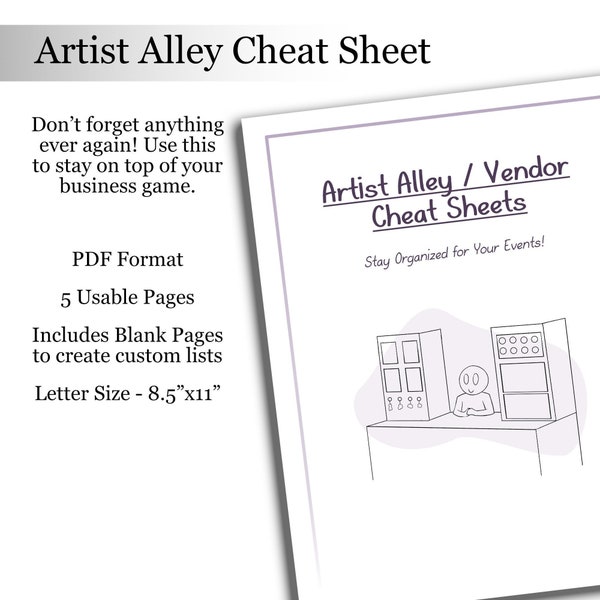 Printable Artist Alley Cheat Sheet for Beginner Artists/Vendors Selling at Conventions and Craft Shows Download Artist Alley Help