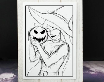 5x7 Cardstock Sketch Card Print Adorable Witch and Pumpkin Halloween Witchy Themed Art Decorative Halloween Home Decor Office Print
