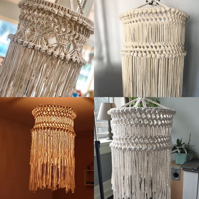 May include: Four macrame light fixtures in white, cream and beige. The light fixtures are made of knotted rope and have a fringe design.