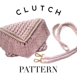May include: A pink crochet clutch with a gold trim and fringe. The clutch comes with a matching pink braided strap with gold clasps. The image includes the text "CLUTCH PATTERN".