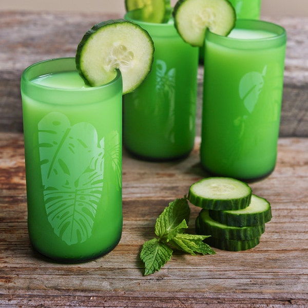 BOTANICAL TUMBLERS x4 250ml - Recycled Green Beer Bottles (Tropical Leaves)