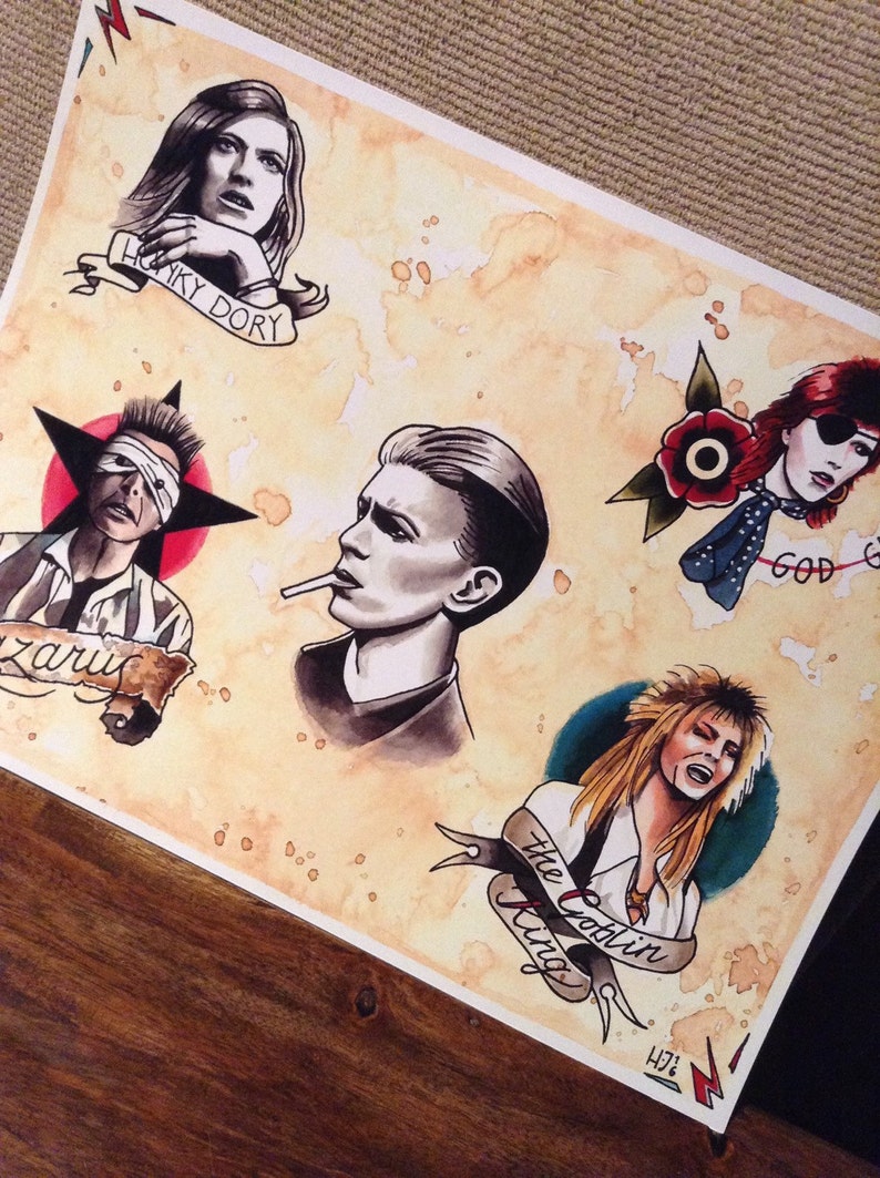 David Bowie Tattoo Flash Print Lazarus Ziggy Hunky Dory Etsy