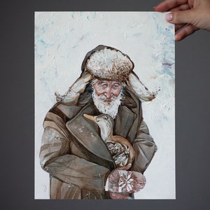 Old Man With His Goose Original Artwork Watercolor on White Recycled Paper Realistic Portrait Wall Mounted Home Decor image 3