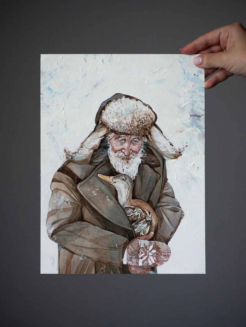 Old Man With His Goose Original Artwork Watercolor on White Recycled Paper Realistic Portrait Wall Mounted Home Decor image 3