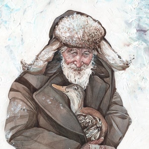 Old Man With His Goose Original Artwork Watercolor on White Recycled Paper Realistic Portrait Wall Mounted Home Decor image 2