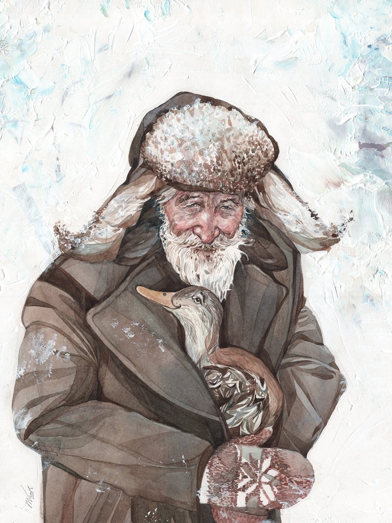 Old Man With His Goose Original Artwork Watercolor on White Recycled Paper Realistic Portrait Wall Mounted Home Decor image 2