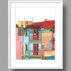 Opere d'arte originali La Boca / Pittura ad acquerello su carta riciclata bianca / Paesaggio urbano impressionista / Decorazioni per la casa montate a parete