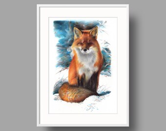 Red Fox original artwork. Ballpoint pen drawing on recycled paper. Realistic portrait. Animal illustration. Wildlife Painting.