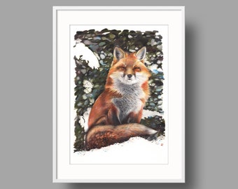 Red Fox original artwork | Ballpoint pen drawing on white recycled paper | Realistic animal portrait | Wall mounted home decor