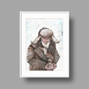 Old Man With His Goose Original Artwork Watercolor on White Recycled Paper Realistic Portrait Wall Mounted Home Decor image 1