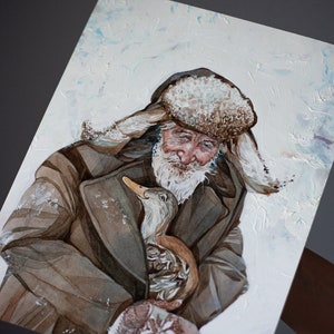 Old Man With His Goose Original Artwork Watercolor on White Recycled Paper Realistic Portrait Wall Mounted Home Decor image 4