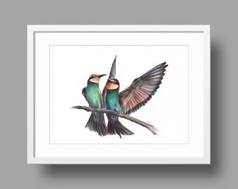 European Bee-eater original artwork | Ballpoint pen drawing on white recycled paper | Realistic bird portrait | Wall mounted home decor