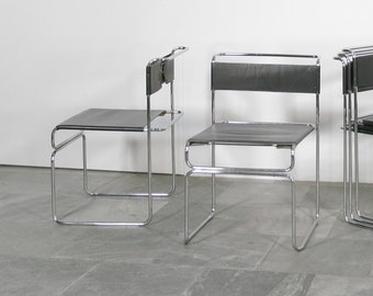 Price per Piece Vintage Giovanni Carini Planula Genuine Black Leather Tubular Chrome Libellula Chair Desk Dining Bauhaus Stacking B5 B40 6 4