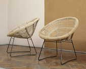 One Two Vintage Woven Bamboo Hoop Chairs Patio Terrace Wicker Cane Loft Metal Garden Loft Mid Century Modern Bohemian Eclectic Lounge