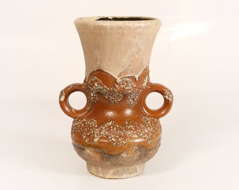 Vintage Dümler & Breiden Rusty Brown Beige Ceramic Amphora Vase West German Pottery Art Textured Fat Lava Double Handle Painterly Melting