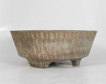 Cuenco de hormigón con esgrafiado brutalista vintage, cerámica francesa, arte, maceta texturizada moderna de mediados de siglo, planta, flor, plato rústico, cemento Ikebana
