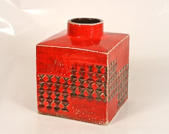 Red Vintage Carstens Op Art Cube Ceramic Fat Lava Vase Retro Mid Century Modern Brutalist West German Pottery Art Modernist WGP WGC Loft