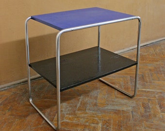 Vintage Marcel Breuer for Kovona B12 Bauhaus Console Side Table Wooden Cobalt Blue Tubular Chromed Steel Modernist Functional Minimalist