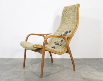 Vintage Yngve Ekström Lamino Upholstered Sheepskin & Laminated Oak Armchair Swedish Reading Wooden Retro Loft Sling Easy Chair Fur Furry