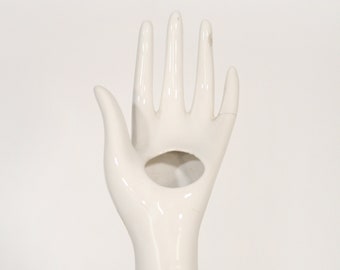 Vintage Glossy White Sculptural Postmodern Feminine Hand Ring Display Stand Candle Jewellery Holder Pottery Art Retro Pop Art Whimsical PoMo