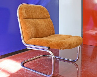 Vintage Tubular Chrome Ginger Orange Corduroy Cushioned Sling Lounge Chair Retro Mid Century Modern Cantilever Club Cocktail Bauhaus Loft