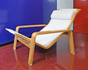 Vintage 'Pulkka' Lounge Chair by Ilmari Lappalainen for Asko Finland Bent Birchwood Creamy Woven Canvas Retro Mid Century Modern Adjustable