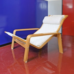 Vintage Pulkka Lounge Chair Ilmari Lappalainen Asko Finland Birchwood Creamy Woven Canvas Retro Mid Century Modern Adjustable Scandinavian