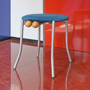 Vintage KFF Karl-Friedrich Förster Memphis Milano Style Postmodern Rectangular Stool Italian Cobalt Blue Velvet Grey Metal RetroTurquoise