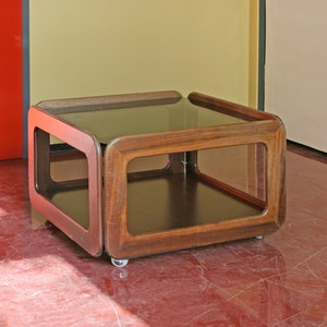 Vintage Italian Space Age Smoked Glass Rectangular Coffee Table Side Wooden Console Brutalist Mid Century Modern Modernist Afra Tobia Scarpa