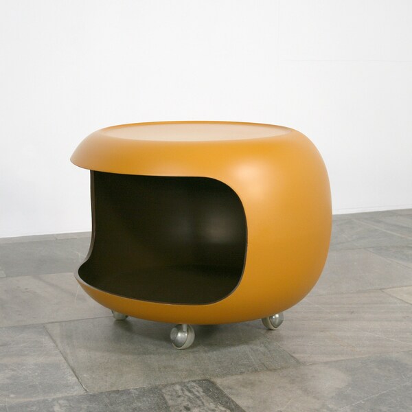 Vintage Rusty Orange Horn Collection West German Pod Plastic Coffee Table Side Retro Wheels Dumbwaiter Console Storage Shelves Organiser