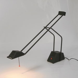 May include: A black desk lamp with a long, articulated arm and a black base. The lamp has a red switch on the base and a small red light on the end of the arm.