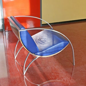 Vintage KFF Karl-Friedrich Förster Karlo Postmodern Lounge Chair Grey Blue Curved Plywood Vegan Leather Metal Loft Memphis Milano Style Club
