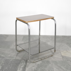 Vintage Robert Slezak Czechoslovakian R5 Bauhaus Console Side End Table Wooden Chrome Glass Tubular Modernist Functional Minibar Nightstand